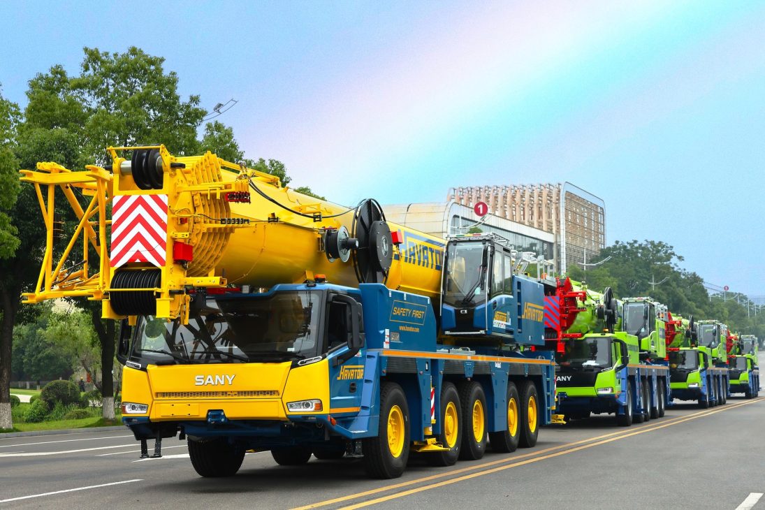 SANY all-terrain cranes in Havator livery lined up before delivery to BMS Stangeland, Crane Norway and Havator