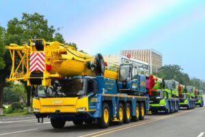 SANY all-terrain cranes in Havator livery lined up before delivery to BMS Stangeland, Crane Norway and Havator