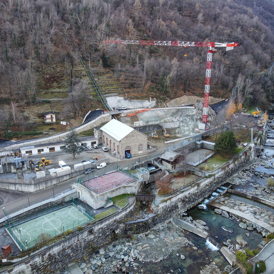 Potain MDT 269 tower crane serving the rebuilt intake works at the Hone power station