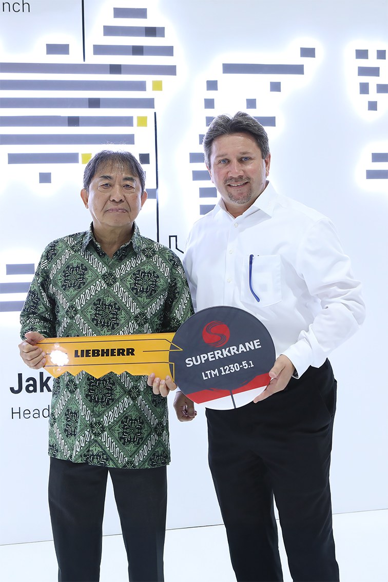 Liebherr LTM 1230-5.1 mobile crane with telescopic boom raised at PT Superkrane in Indonesia