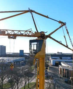 Cab and jib head of a Spierings mobile tower crane seen from above