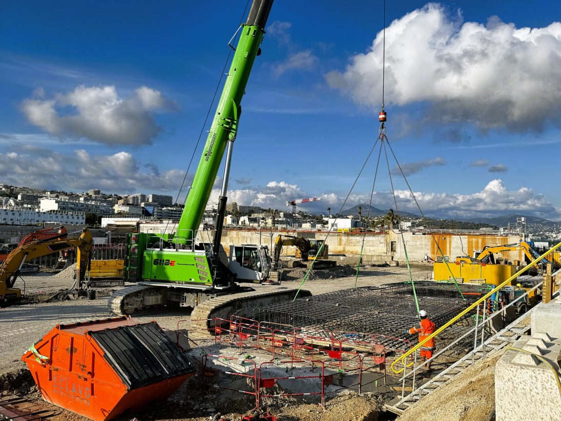 Crane operator positioning a reinforcement cage on the Nice foundation works