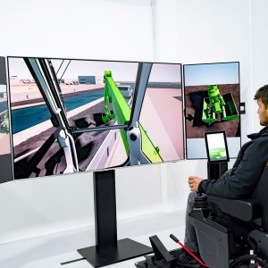 Sennebogen simulator for port material handling machines with original joysticks and operator seat