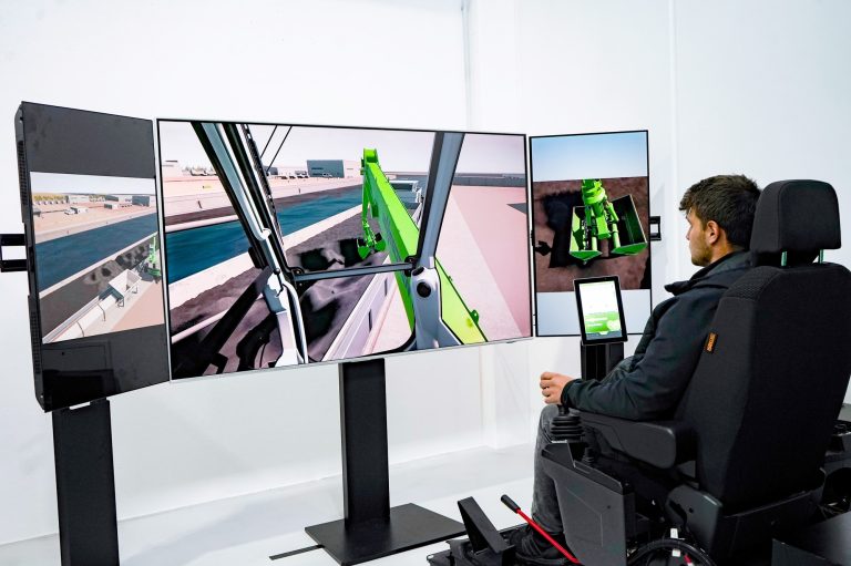 Sennebogen simulator for port material handling machines with original joysticks and operator seat