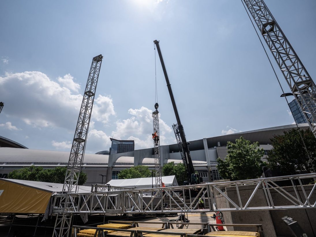All-terrain crane set up for stage construction at CMA Fest in Nashville