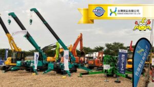 Line-up of Maeda spider and crawler cranes on the Taiwan Honest Sky stand at the Yunlin exhibition