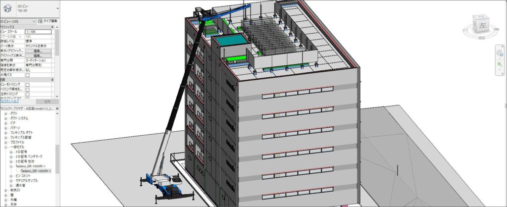 BIM model in Autodesk Revit showing a Tadano GR-1000N-1 rough terrain crane positioned alongside a building