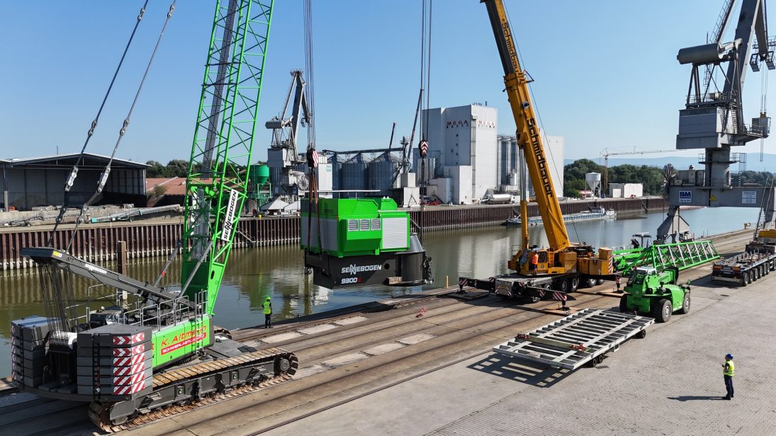 Barge loading operation in the confined quayside space at the port of Straubing-Sand