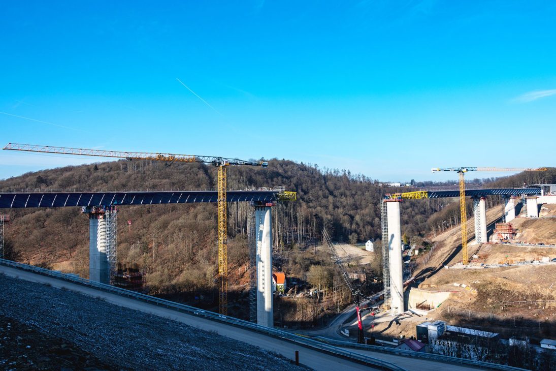 Liebherr 340 EC-B 16 flat-top crane above a bridge pier on the A45 Rahmede site