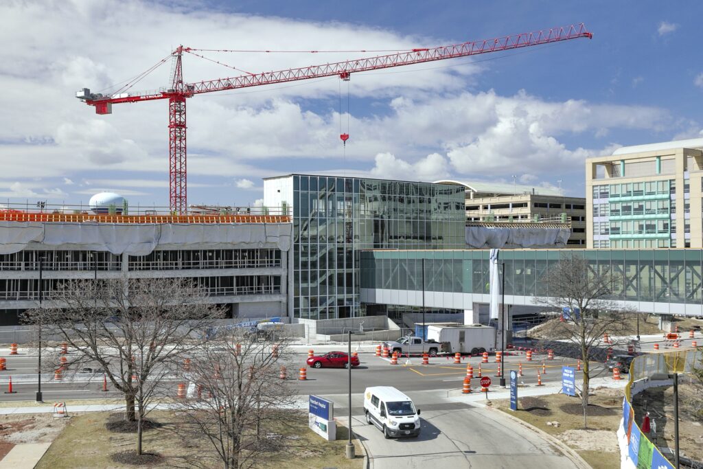 Potain MD 559 tower crane at the centre of the new parking structure on the Froedtert Hospital campus in Milwaukee