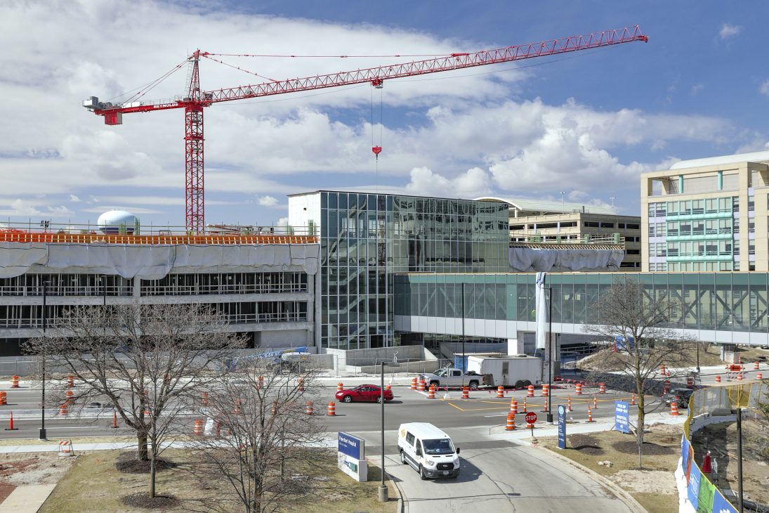Potain MD 559 tower crane at the centre of the new parking structure on the Froedtert Hospital campus in Milwaukee