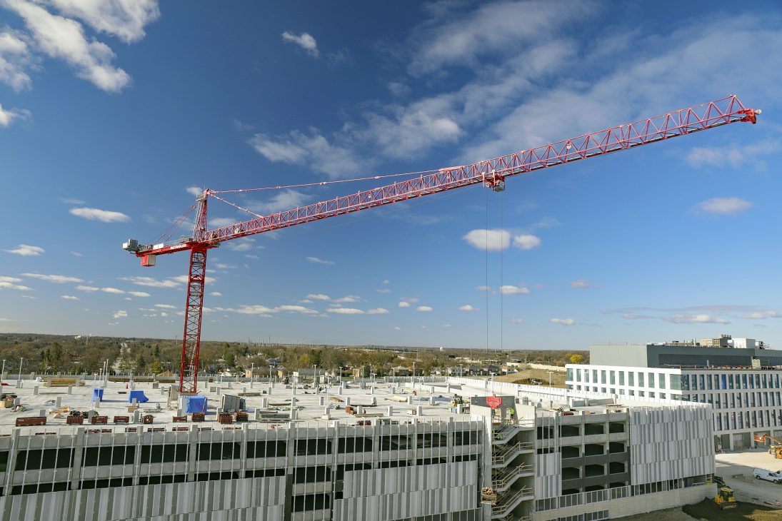 Potain MD 569 tower crane serving the Froedtert Hospital expansion in Milwaukee