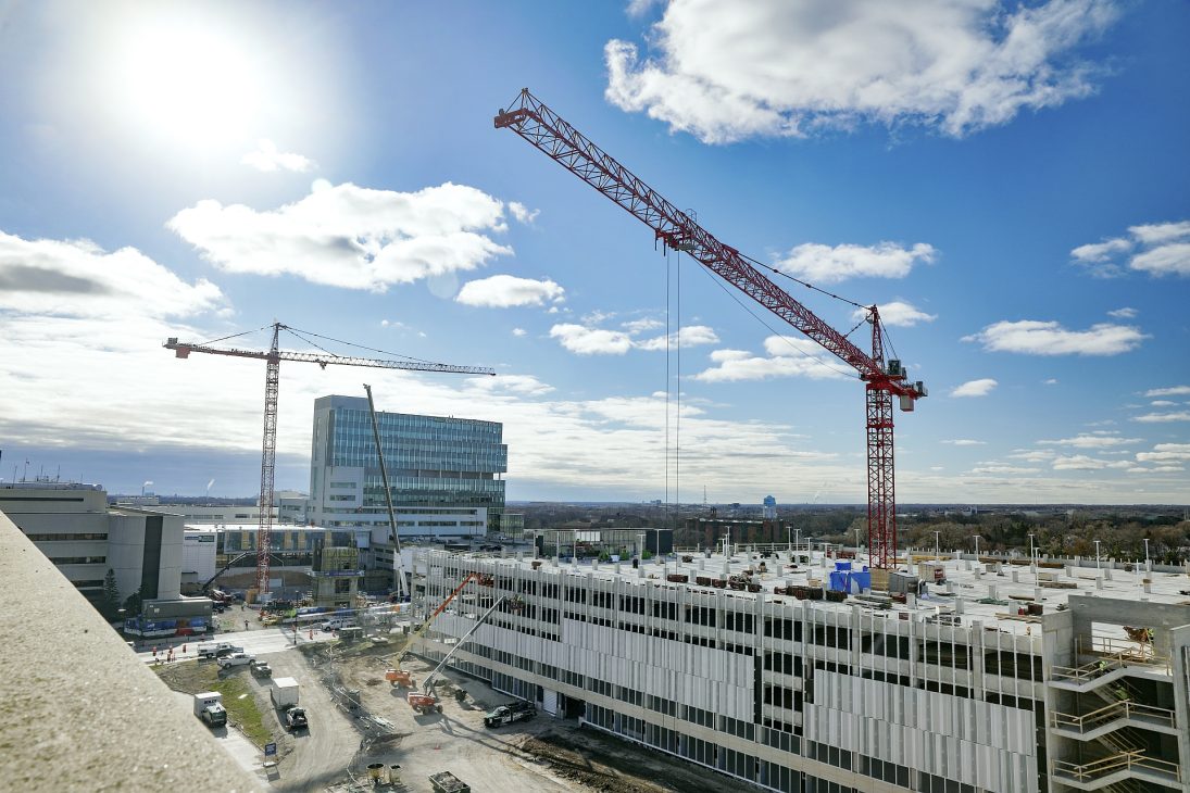 Potain tower cranes working on the live Froedtert Hospital campus in Milwaukee, Wisconsin