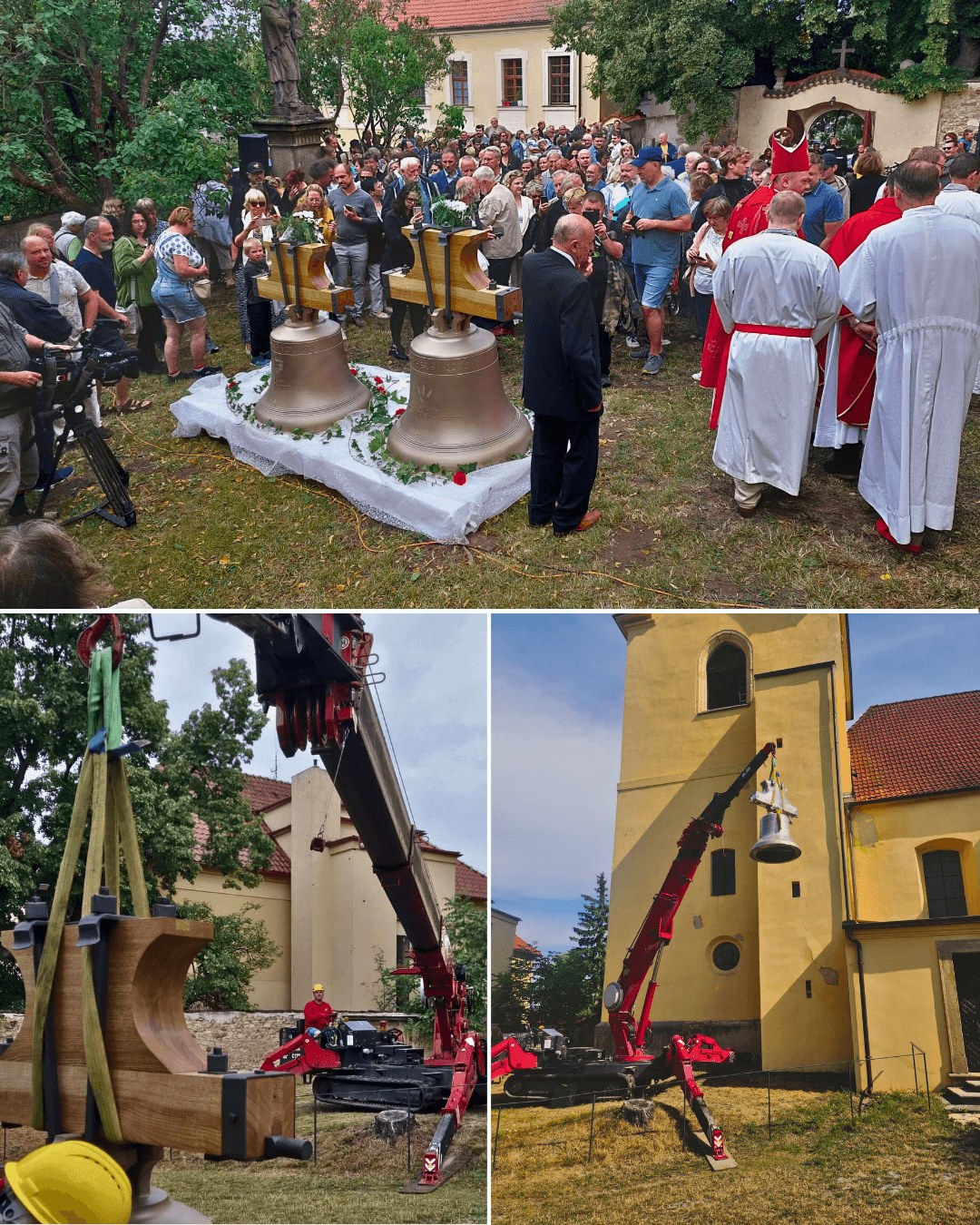 The new Hostivice bells on the ground and the UNIC URW-706 raising one to the church tower window