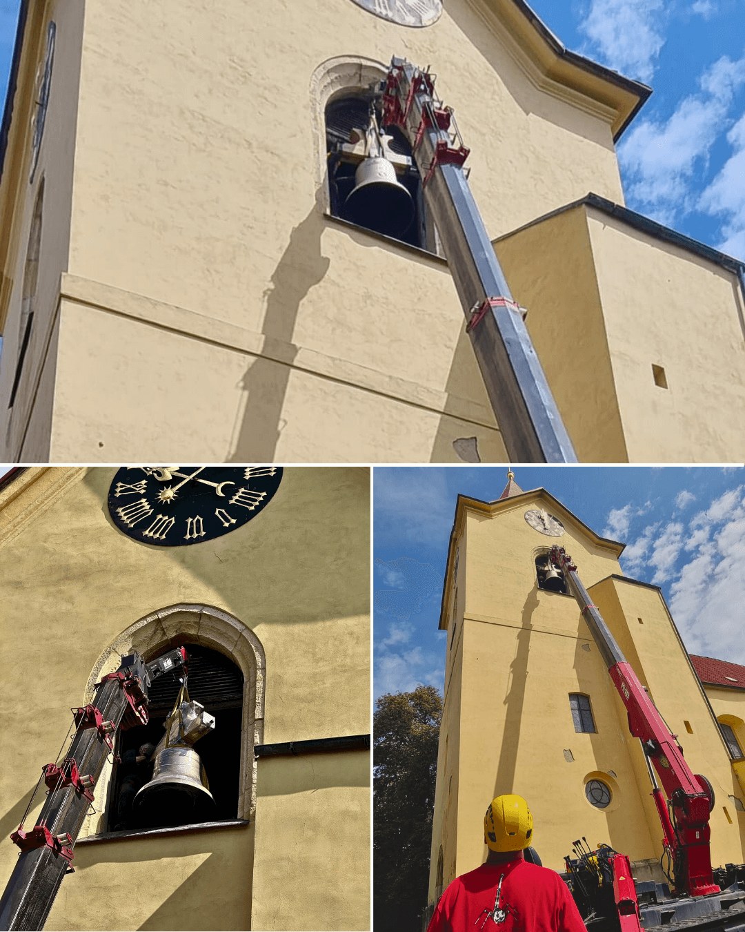 UNIC URW-706 spider crane set up beside St James' Church during the bell installation