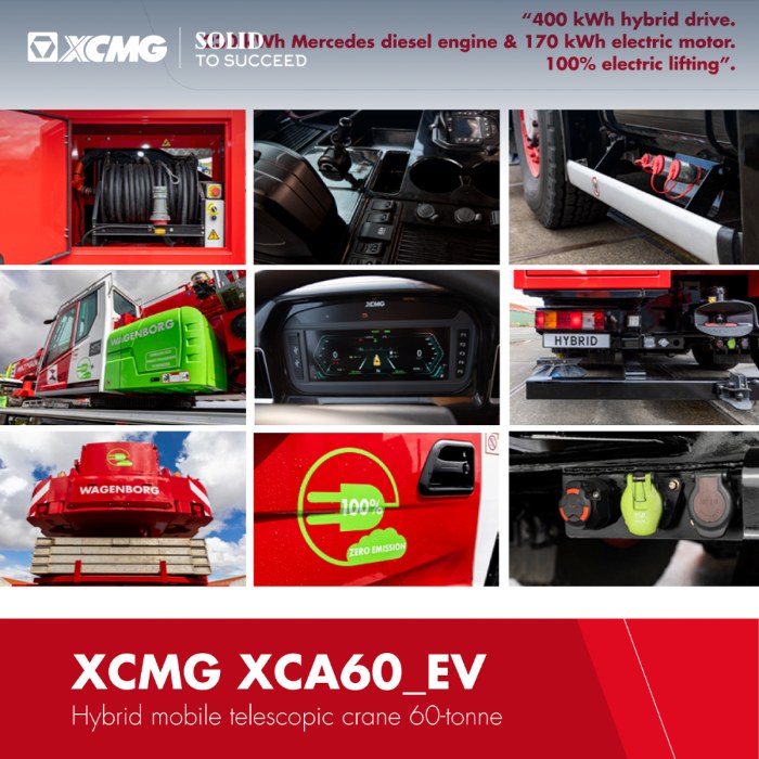 Detail views of the XCMG XCA60_EV hybrid drive, charging sockets and operator display
