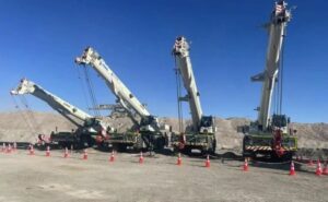 Four XCMG rough-terrain cranes rigged and standing by at the Chuquicamata copper mine in Chile