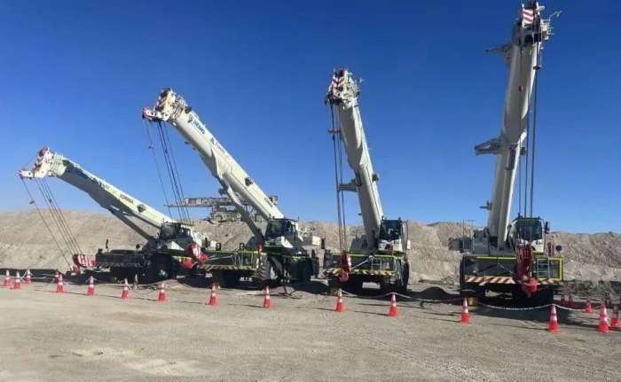 Four XCMG rough-terrain cranes rigged and standing by at the Chuquicamata copper mine in Chile