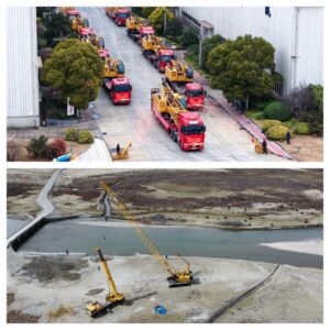 Certified pre-owned XCMG XGC85 and XGC55 crawler cranes loaded for shipment and at work on a South-East Asian site