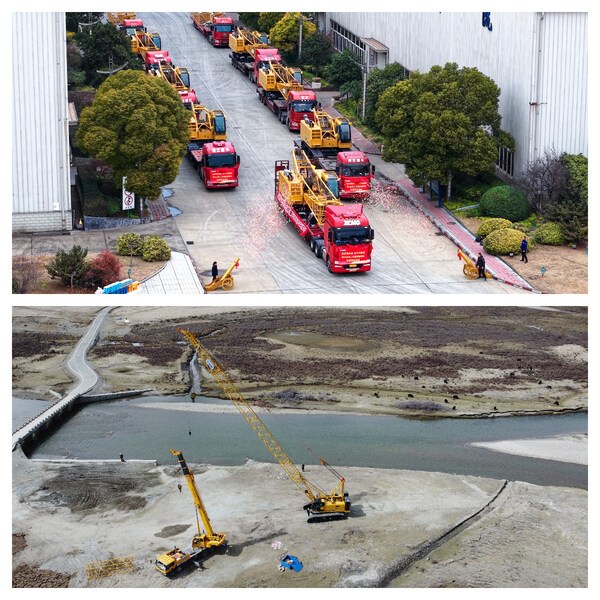 Certified pre-owned XCMG XGC85 and XGC55 crawler cranes loaded for shipment and at work on a South-East Asian site