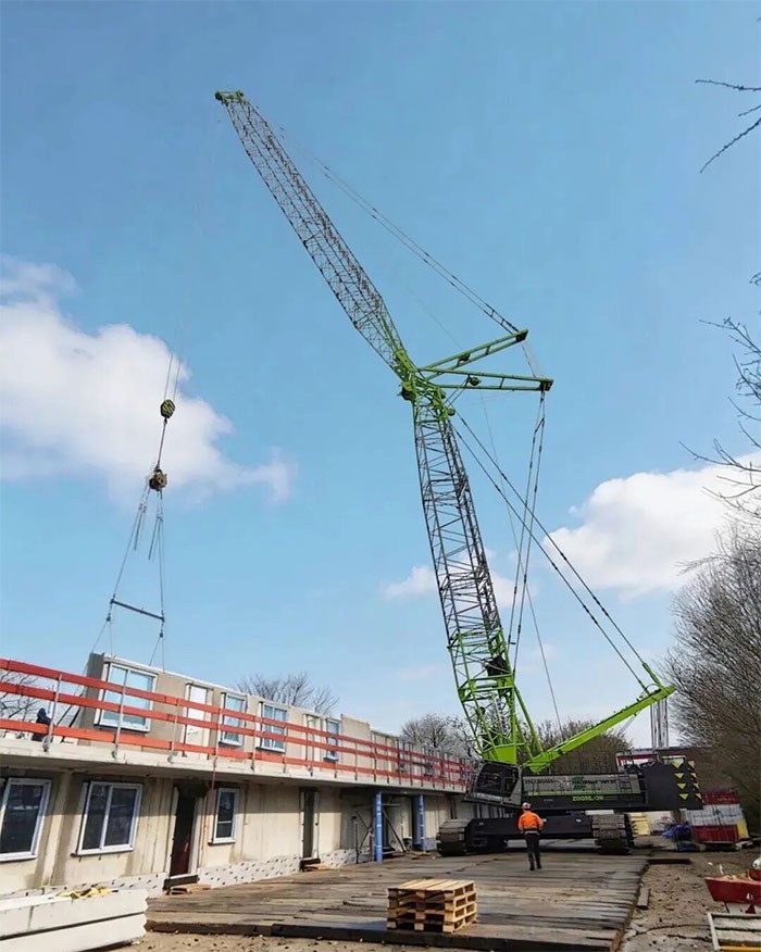 ZCC2200AE5 crawler crane with boom rigged during working condition tests in Europe