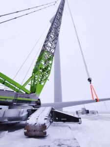 Zoomlion ZCC13000 crawler crane erecting a wind turbine in snow near Astana, Kazakhstan