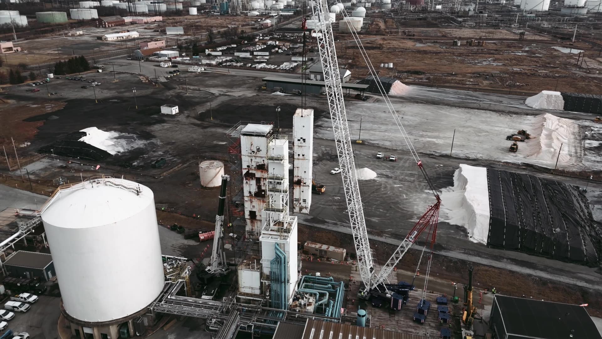 Aerial view of the crawler crane working at the industrial gas plant