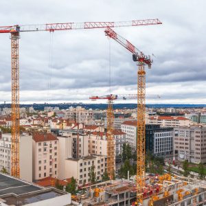 Liebherr EC-B flat-top tower cranes on the Ki construction site in Lyon Part-Dieu