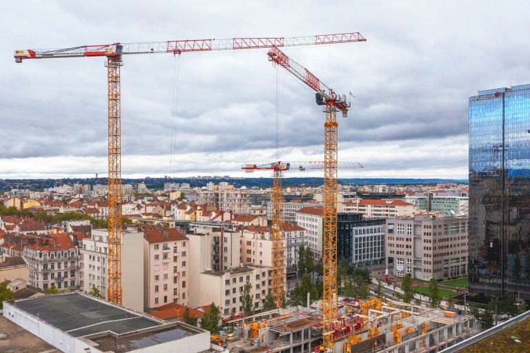 Liebherr EC-B flat-top tower cranes on the Ki construction site in Lyon Part-Dieu