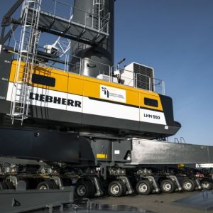 Liebherr LHM 550 mobile harbour crane handling containers at Patimban Global Gateway Terminal, Indonesia