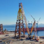 Liebherr LR 12500-1.0 crawler crane assembling jacket substructures at an offshore wind farm site in South Korea