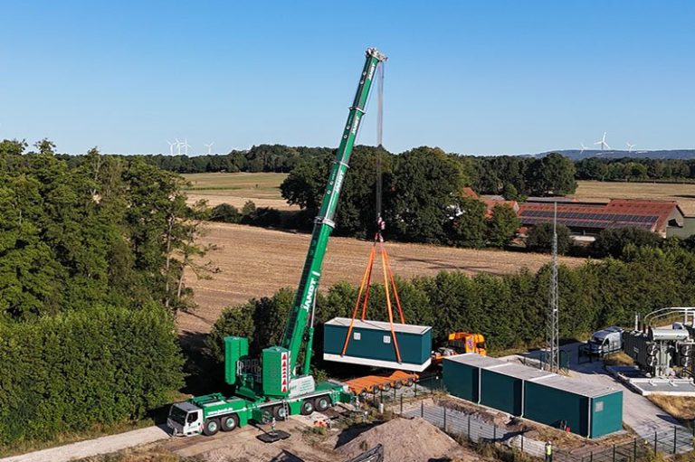 Jandt's new Liebherr LTM 1400-6.1 lifts a 60-tonne transformer station on its first job in Bad Laer. Photo: Liebherr