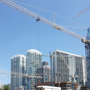 Tower cranes over the Brickell City Centre jobsite in downtown Miami