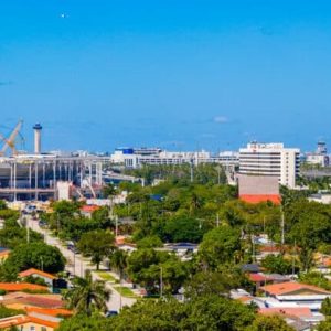 Panoramic view over Miami towards the Miami Freedom Park and Nu Stadium construction site