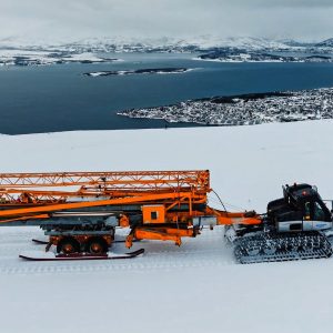 Potain HDM 40 self-erecting tower crane working on the Floya mountaintop restaurant site above Tromso, Norway