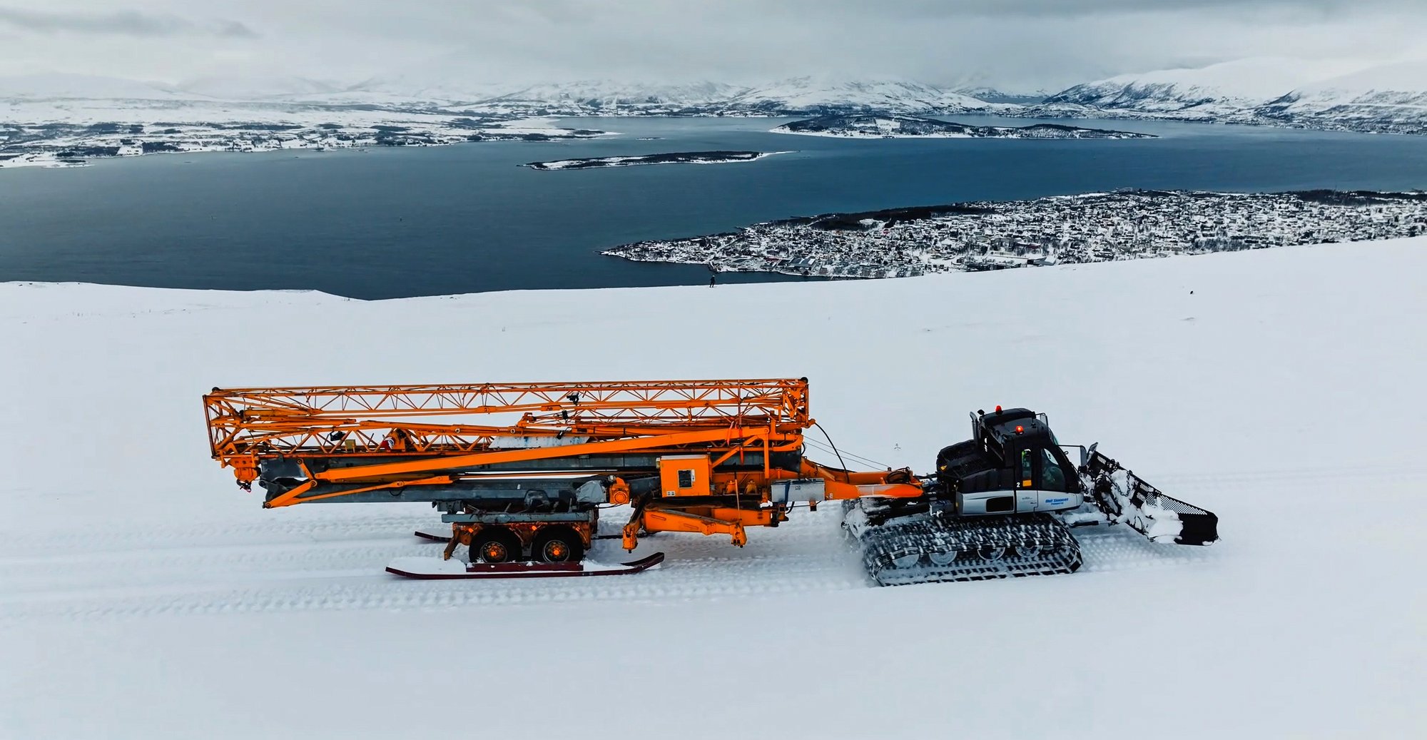Potain HDM 40 self-erecting tower crane working on the Floya mountaintop restaurant site above Tromso, Norway