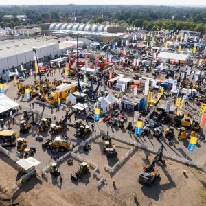 Aerial view of the NordBau trade fair grounds in Neumünster, Germany