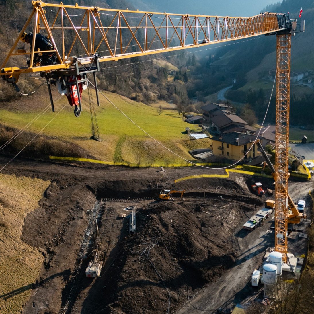 Liebherr 240 EC-B Fibre tower crane on the Bovegno drinking water treatment plant site in Val Trompia, Italy