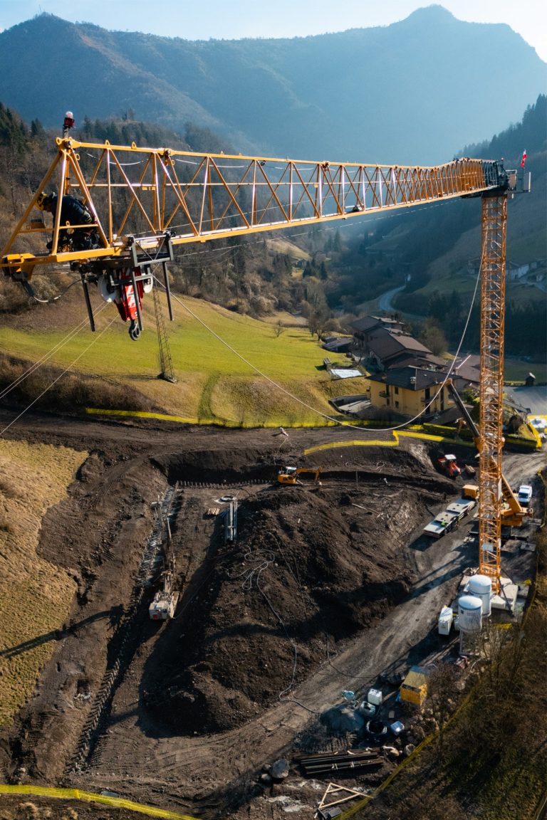 Liebherr 240 EC-B Fibre tower crane on the Bovegno drinking water treatment plant site in Val Trompia, Italy