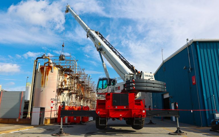 Link-Belt 120|RT rough terrain crane working at the Befesa zinc recycling plant in Mooresboro, North Carolina