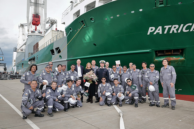The crew of MV Patricia with guests at the christening ceremony in Rostock