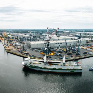 SAL heavy-lift vessel MV Patricia, fitted with two Liebherr LS 800 E ship cranes, at the Liebherr maritime crane plant in Rostock