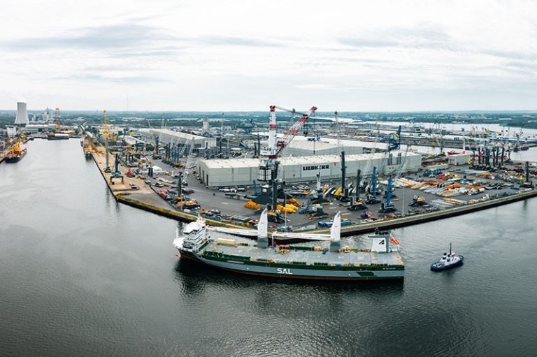 SAL heavy-lift vessel MV Patricia, fitted with two Liebherr LS 800 E ship cranes, at the Liebherr maritime crane plant in Rostock