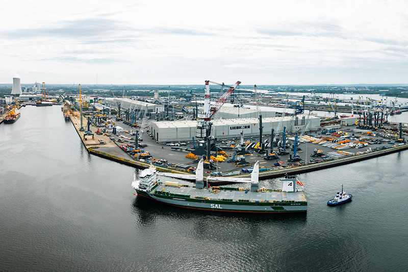 SAL heavy-lift vessel MV Patricia, fitted with two Liebherr LS 800 E ship cranes, at the Liebherr maritime crane plant in Rostock