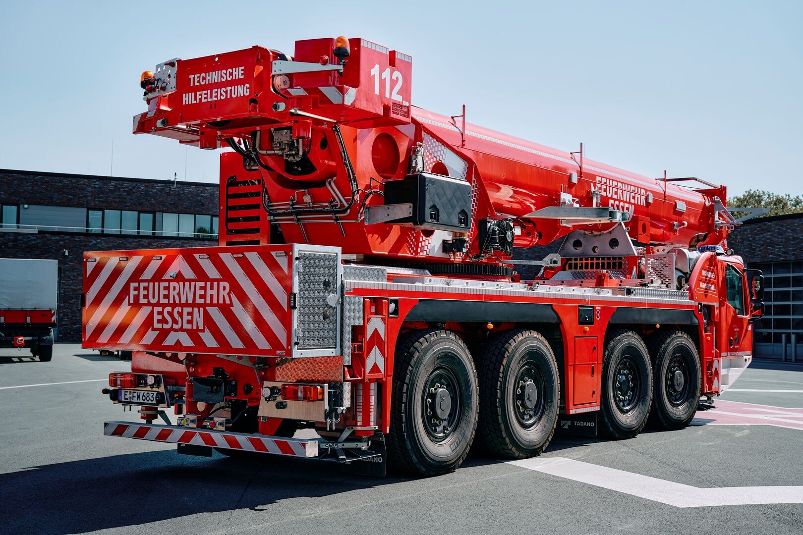 Rear view of the Essen Fire Department Tadano AC 4.080-1 with counterweight box