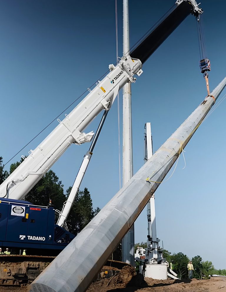 Tadano GTC-600-2 telescopic boom crawler crane setting 230 kV transmission structures in Mississippi