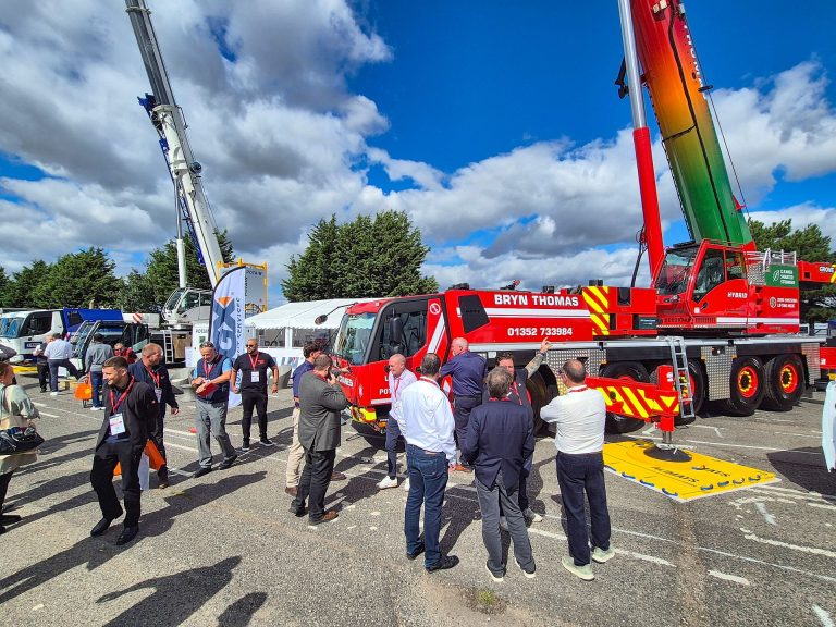 Grove GMK5150XLe Plug-in Hybrid all-terrain crane in Bryn Thomas Cranes livery on the Manitowoc stand at Vertikal Days 2026