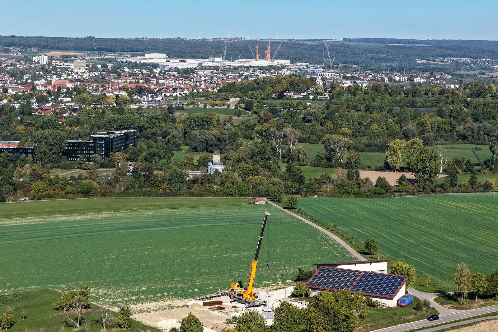 Haslach's Liebherr LTM 1230-5.1 at work within sight of the Liebherr mobile crane plant in Ehingen