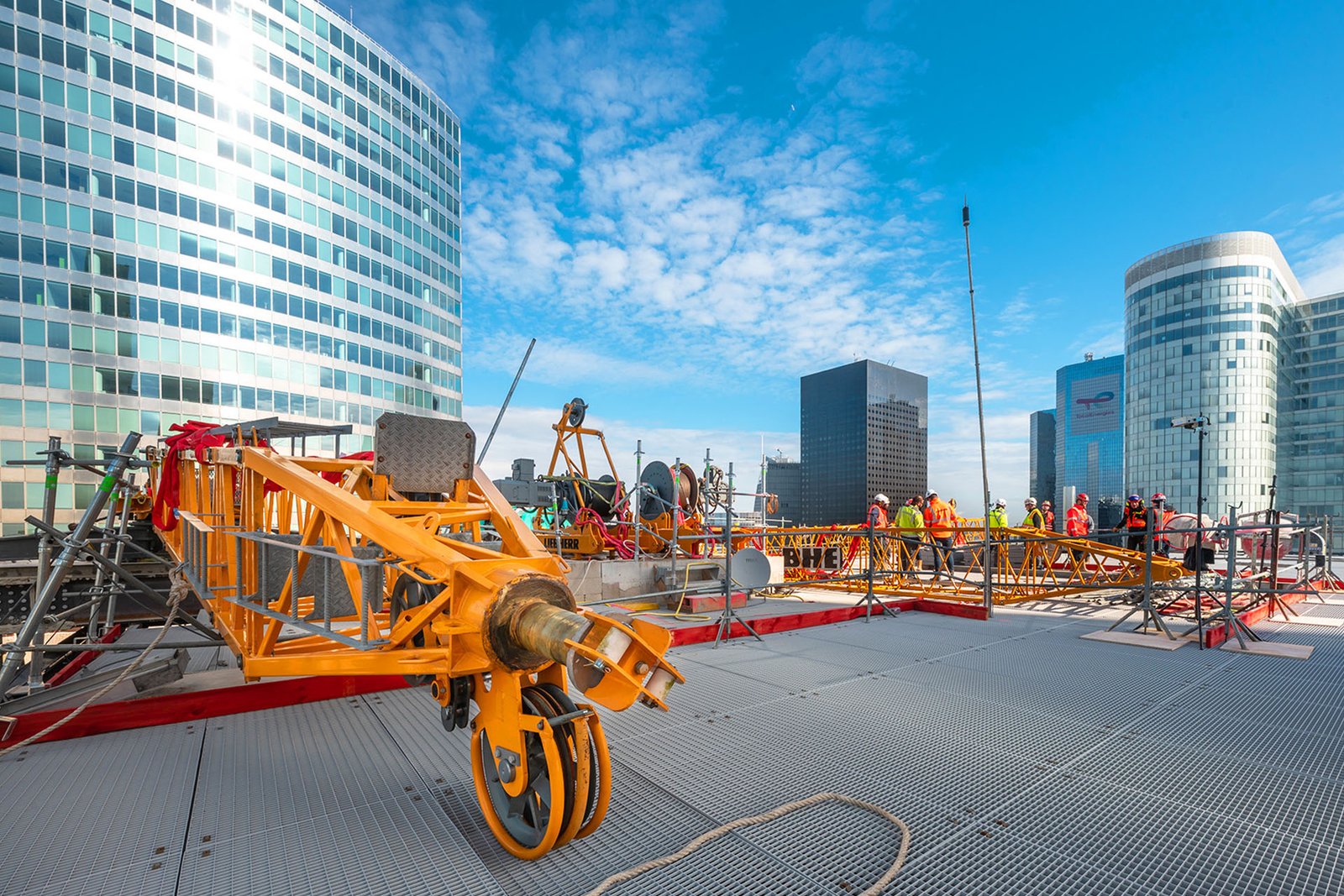 Liebherr 200 DR 5/10 Litronic derrick crane erected on the roof of the Opus 12 tower in La Defense, Paris