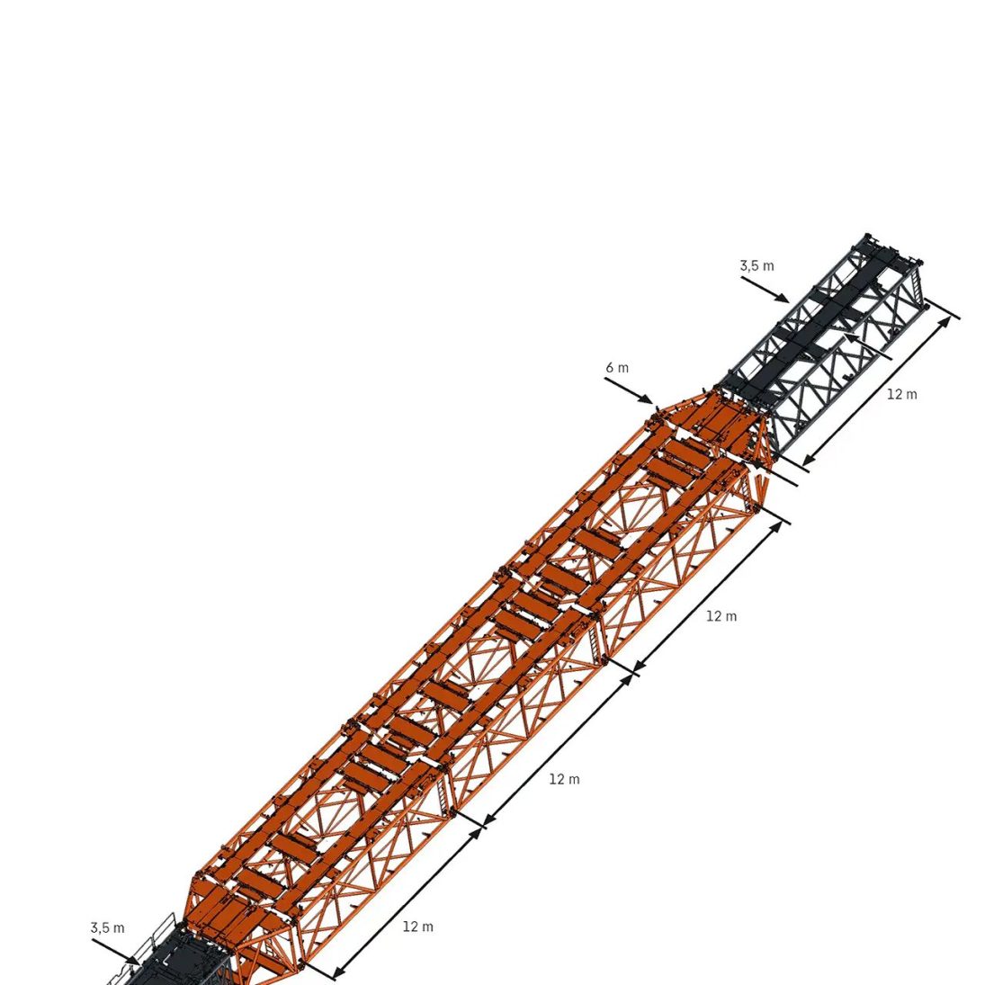 Lattice adaptors take the Liebherr X3 boom system out to six metres at the bottom and back to 3.5 metres at the top